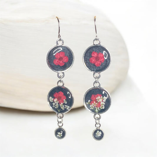 Black Colored Mica Powder Dangle Earrings with Pear Plum Blossoms and Queen Anne’s Lace