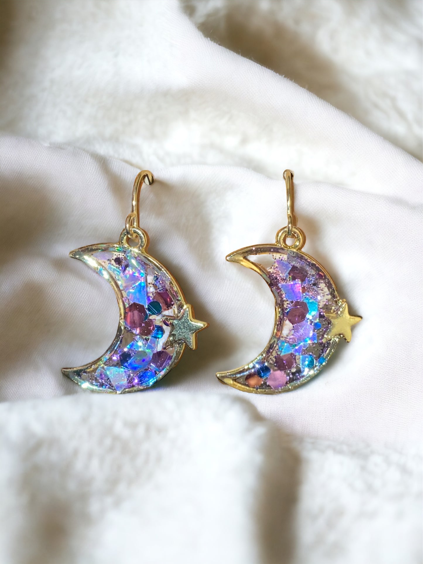 Moon and Star Shaped Purple Chunky Glitter Earrings