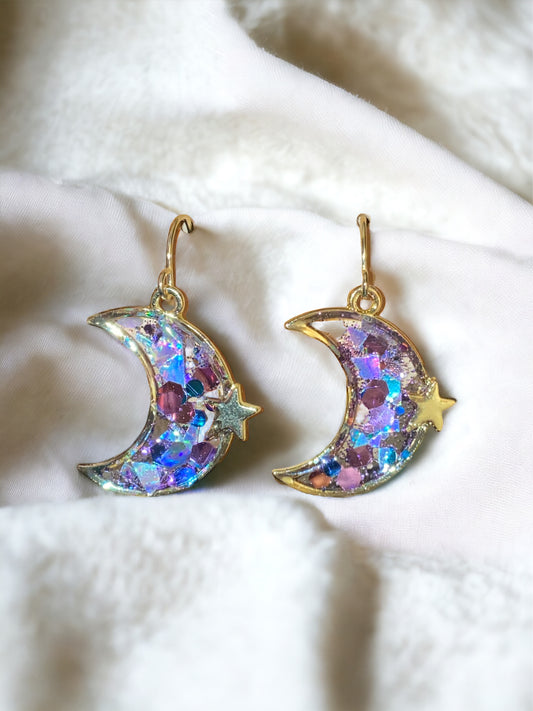 Moon and Star Shaped Purple Chunky Glitter Earrings