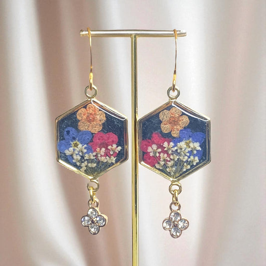 Black and Bronze Colored Mica Powder with Queen Anne’s Lace, Orange, and Red Plum Blossoms, with Blue Forget-Me-Nots and a Rhinestone Charm