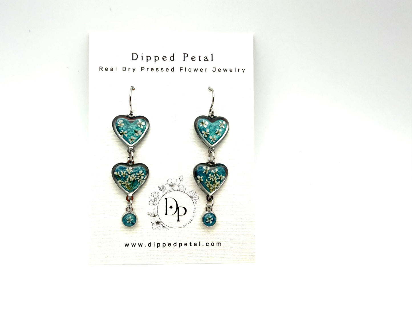Heart Shaped Stainless Steel Dangle Earrings - Teal Colored