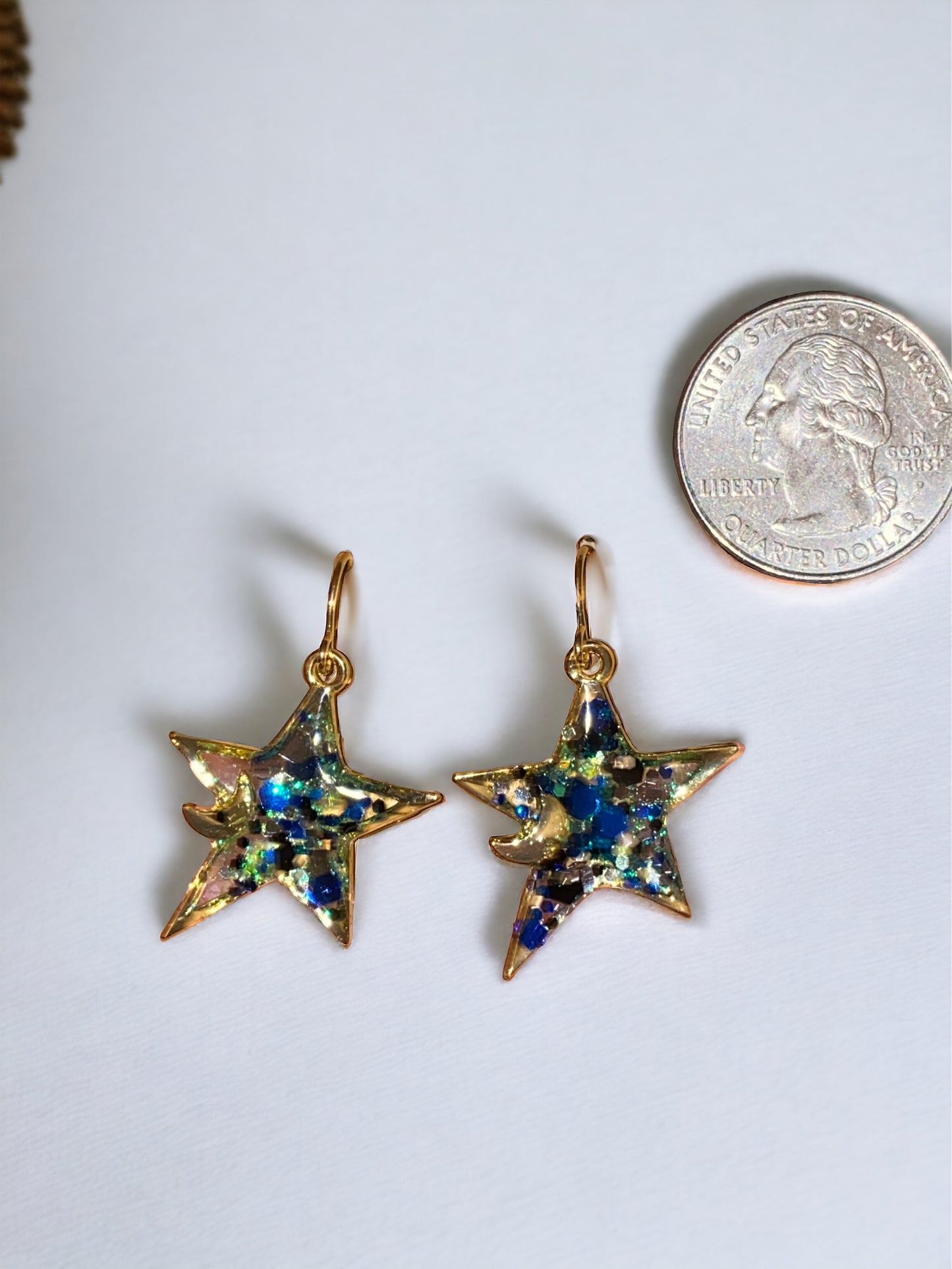 Blue and Green Chunky Glitter in Star and Moon Shape Bezel Earrings
