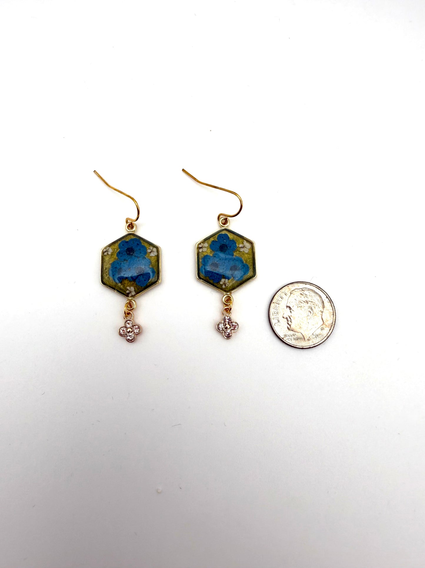 Green Colored Mica Powder with Blue Plum Blossoms, Pieces of Queen Anne’s Lace and a Dangling Rhinestone Charm