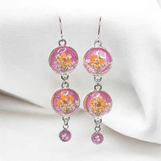 Pink Colored Mica Powder Dangle Earrings with Orange Plum Blossoms and Queen Anne’s Lace