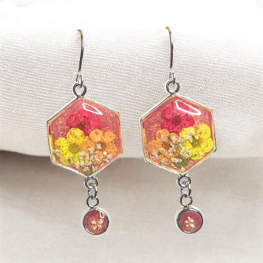 Coral Pink Colored Mica Powder (Single) Dangle Earrings with Orange, Yellow and Red Plum Blossoms and Queen Anne’s Lace