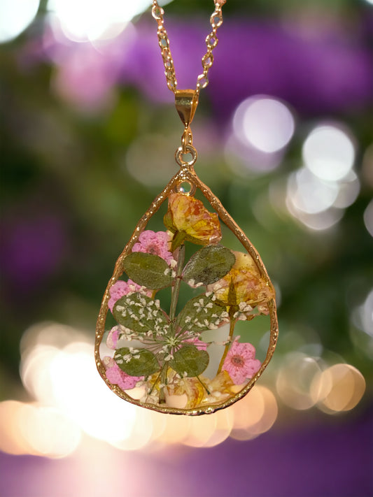 Pink Plum Blossom flowers with Yellow-Pink Roses and Queen Anne’s Lace Necklace