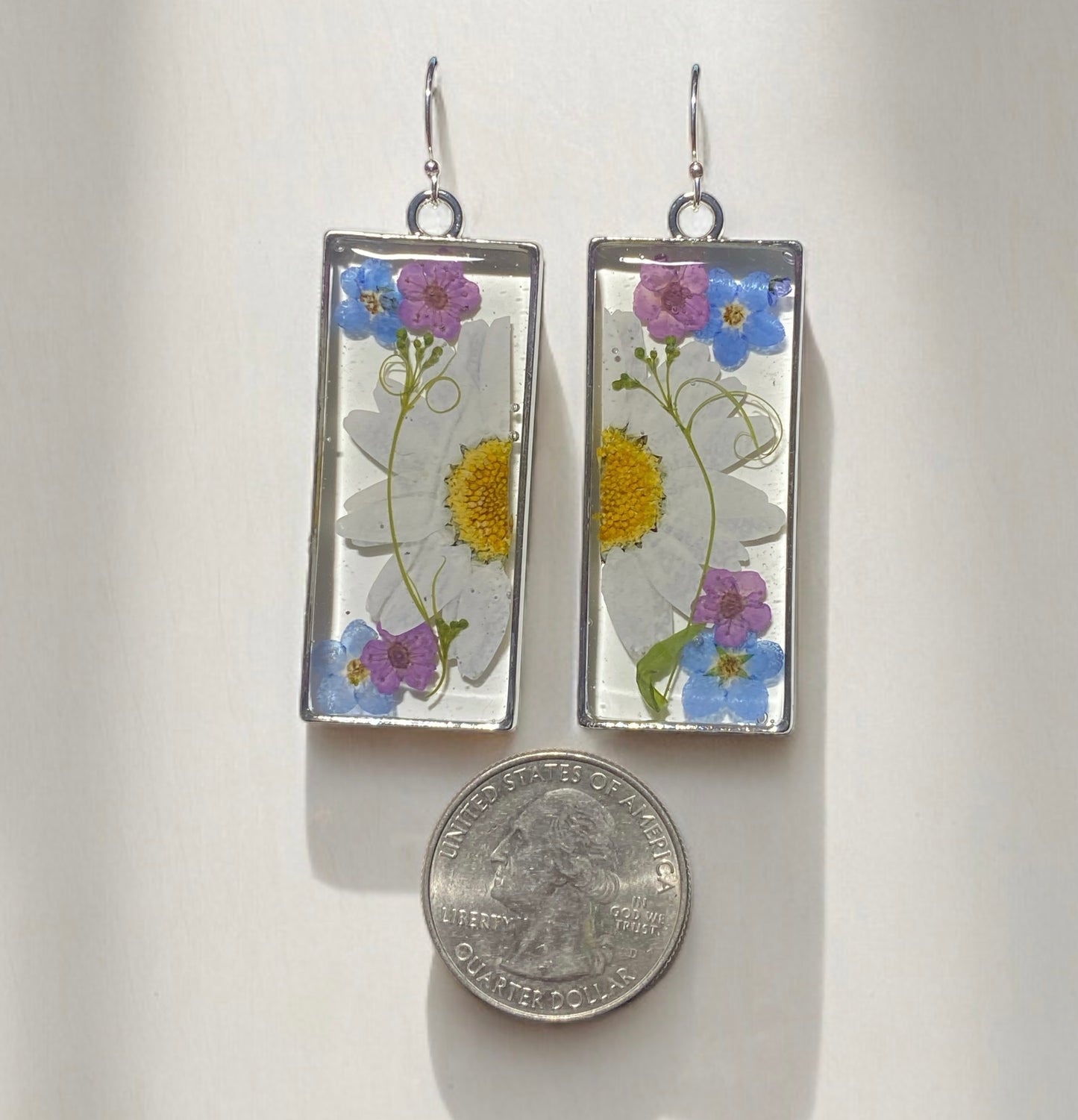 White Daisies, Dry Pressed Leaf, Blue Forget-Me-Not Flowers with Plum Blossoms