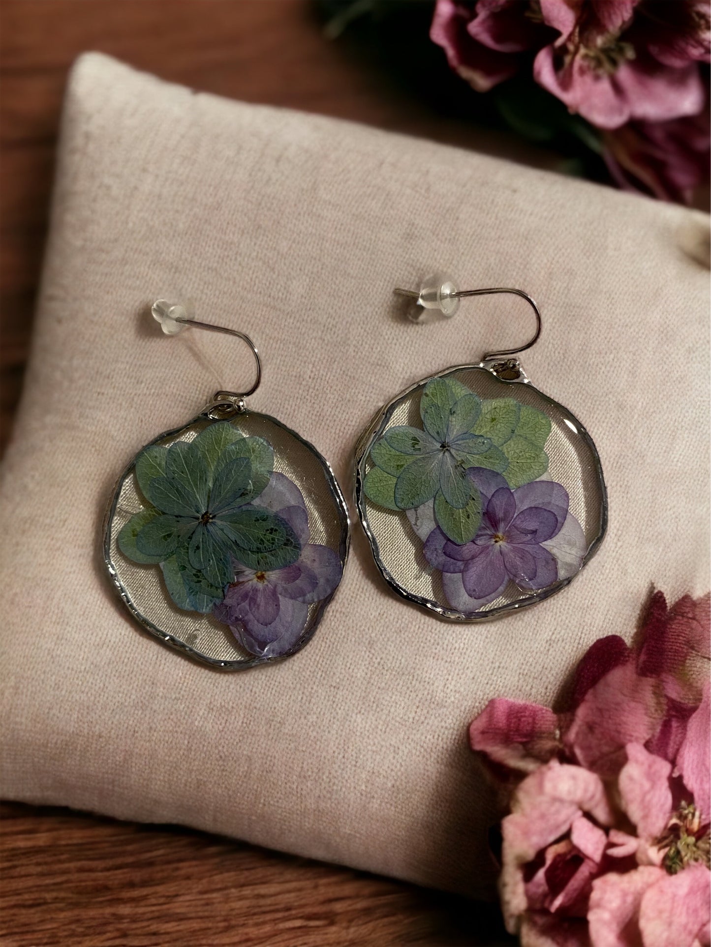 Green and Purple Double Petal Hydrangea Earrings