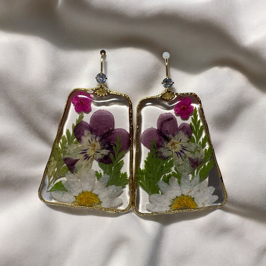 Yellow Daisy Flower with Pansies, Fern and Plum Blossom Flower Earrings