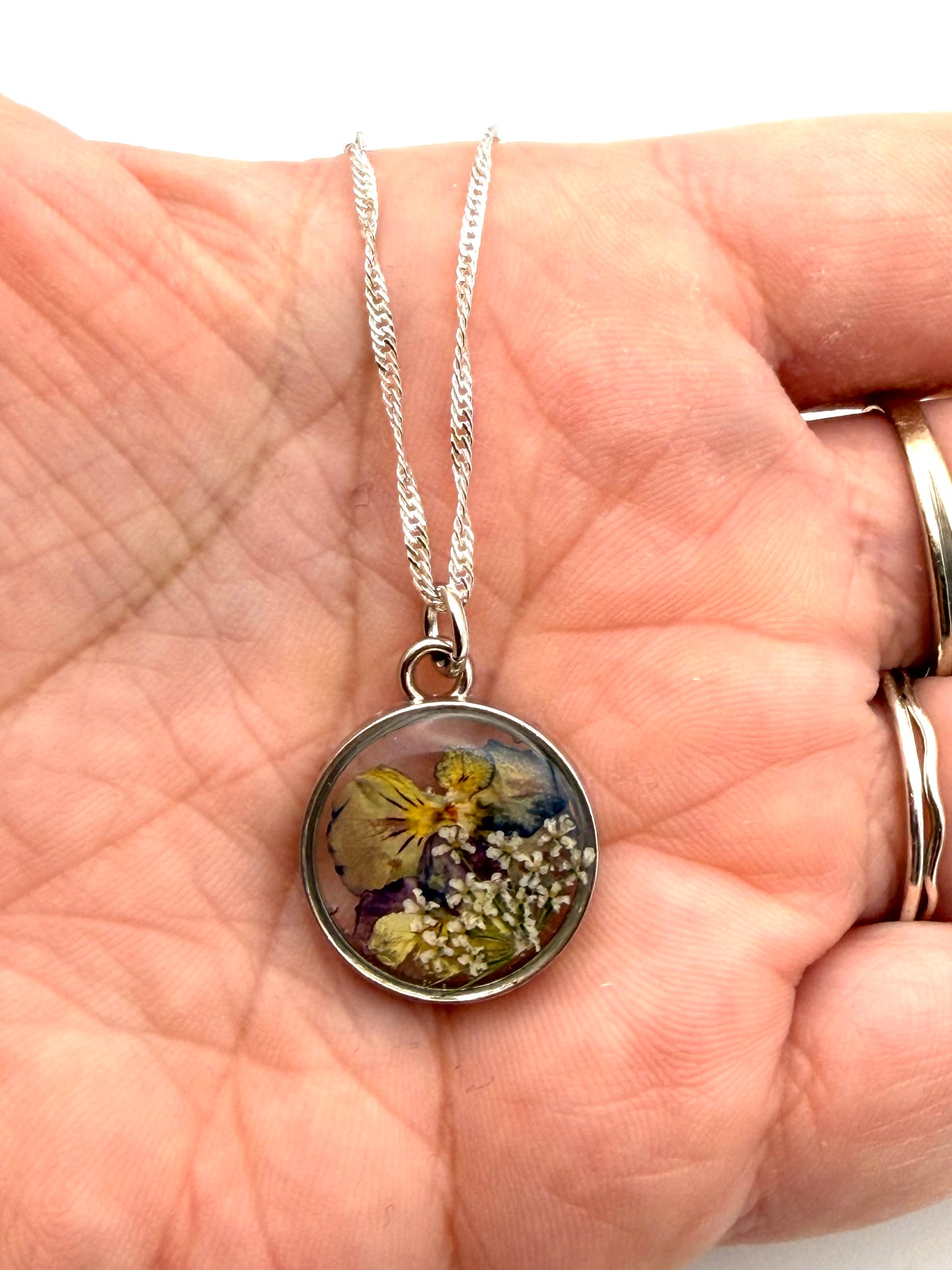 Mini Yellow and Purple Pansies with Queen Anne’s Lace