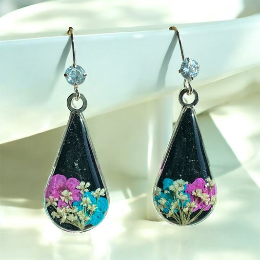 Black Colored Mica Powder with  Pink and Blue Plum Blossoms, and Pieces of Queen Anne’s Lace
