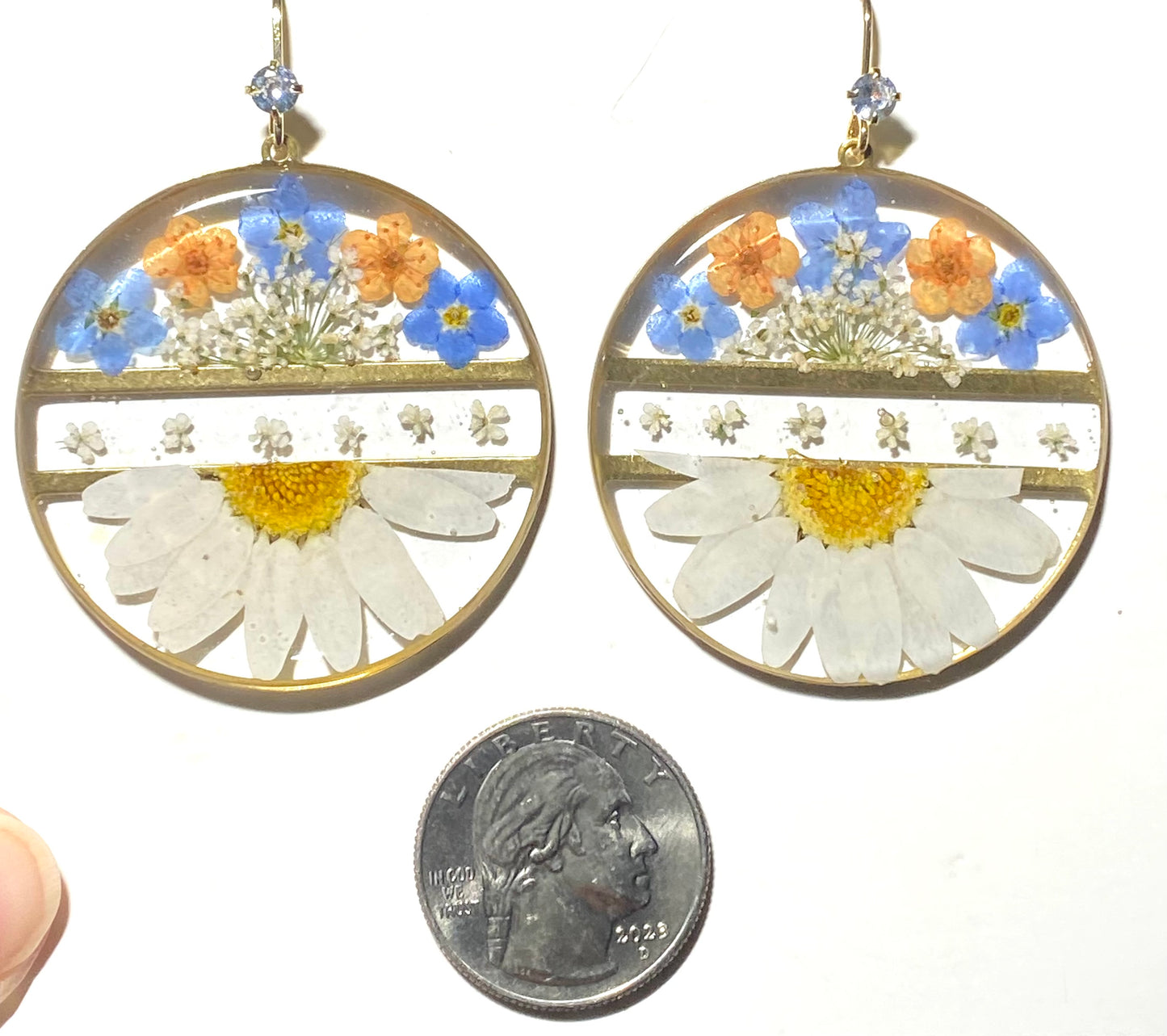 Split Daisies with Plum Blossoms, Blue Forget-Me-Nots and pieces of Queen Anne’s Lace Earrings