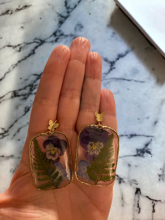 Purple Pansy and Blue Double Petal Hydrangea Earrings