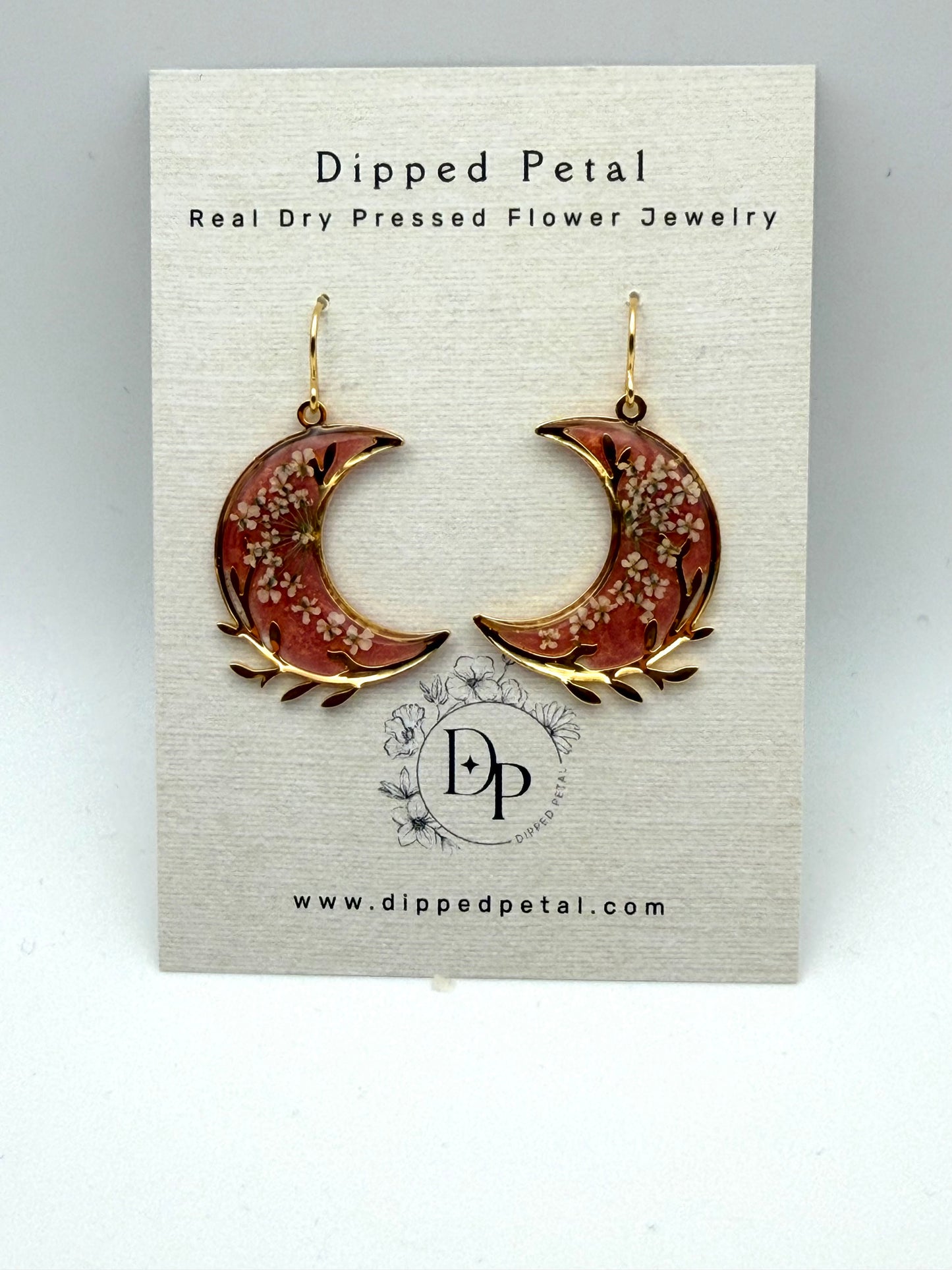 Gold Plated Crescent Moons filled with Coral Pink Mica Powder and Queen Anne’s Lace