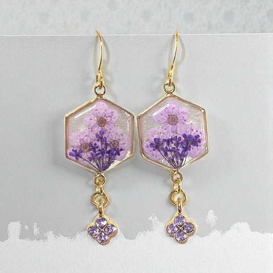 Opal/white Colored Mica Powder with Purple Queen Anne’s Lace, Light Purple Plum Blossoms with a Purple Rhinestone Charm