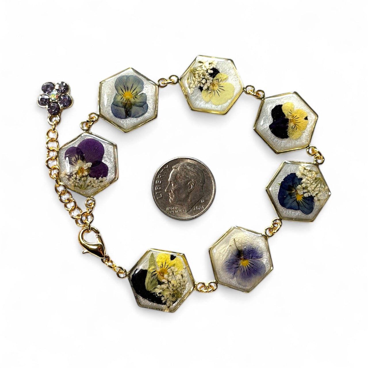 Gold Colored Bracelet with Mini Pansies and Queen Anne’s Lace