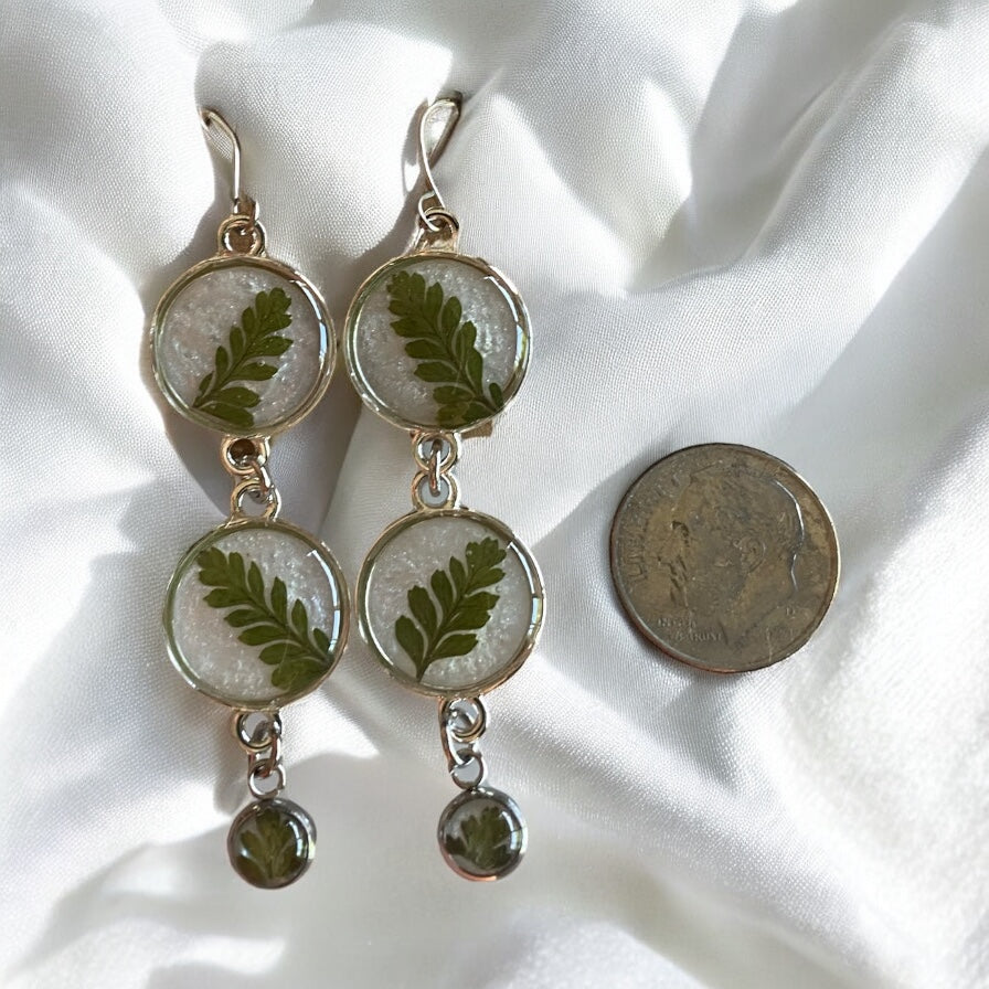 Opal White Mica Powder Dangle Earrings with Dry Pressed Fern