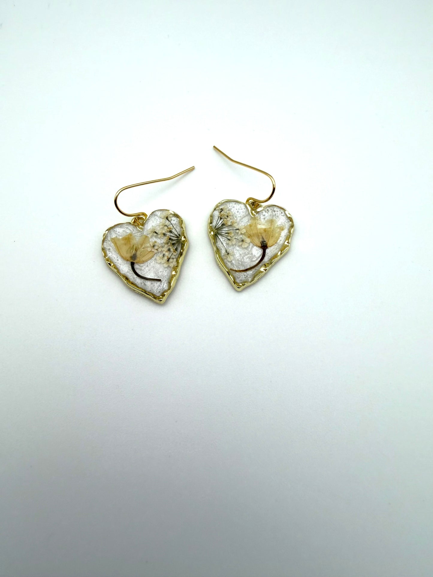 Heart Shaped Earrings with Opal Colored Mica Powder, Lily of the Valley and Queen Anne’s Lace