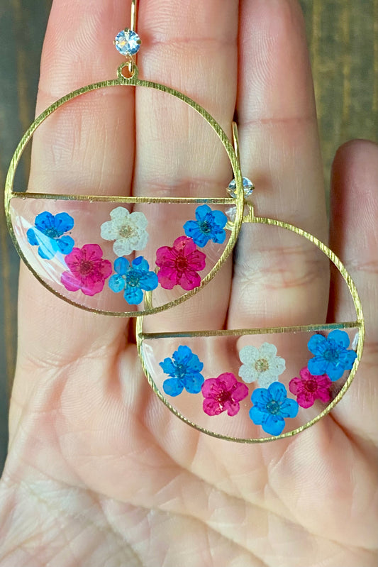 Blue, Hot Pink and White Plum Blossom Flower Earrings