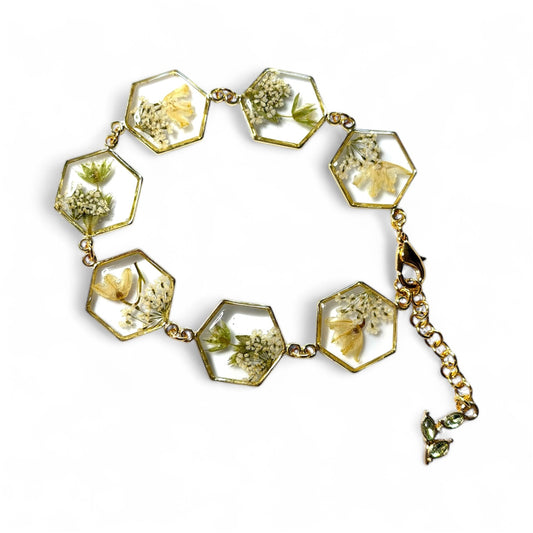 Gold Colored Bracelet with Lily of the Valley, Wild Flower and Queen Anne’s Lace with a Green Gemstone Leaf Charm