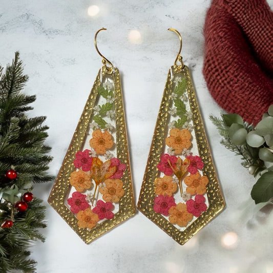 Dry Pressed Fern, pieces of Queen Anne’s Lace with Red and Orange Plum Blossoms
