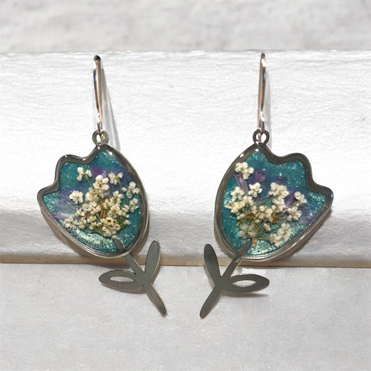 Teal Colored Flower Earrings with Purple Wild Flowers and Pieces of Queen Anne’s Lace