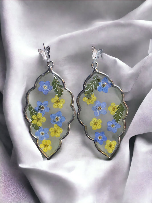Yellow Plum Blossoms with Blue Forget-Me-Not Flowers and Dry pressed Fern Earrings