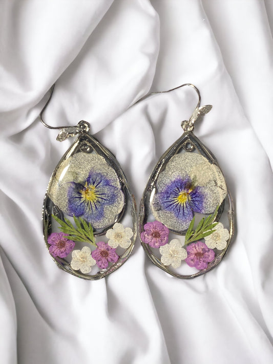 Pansies with Purple and White Plum Blossom Earrings.