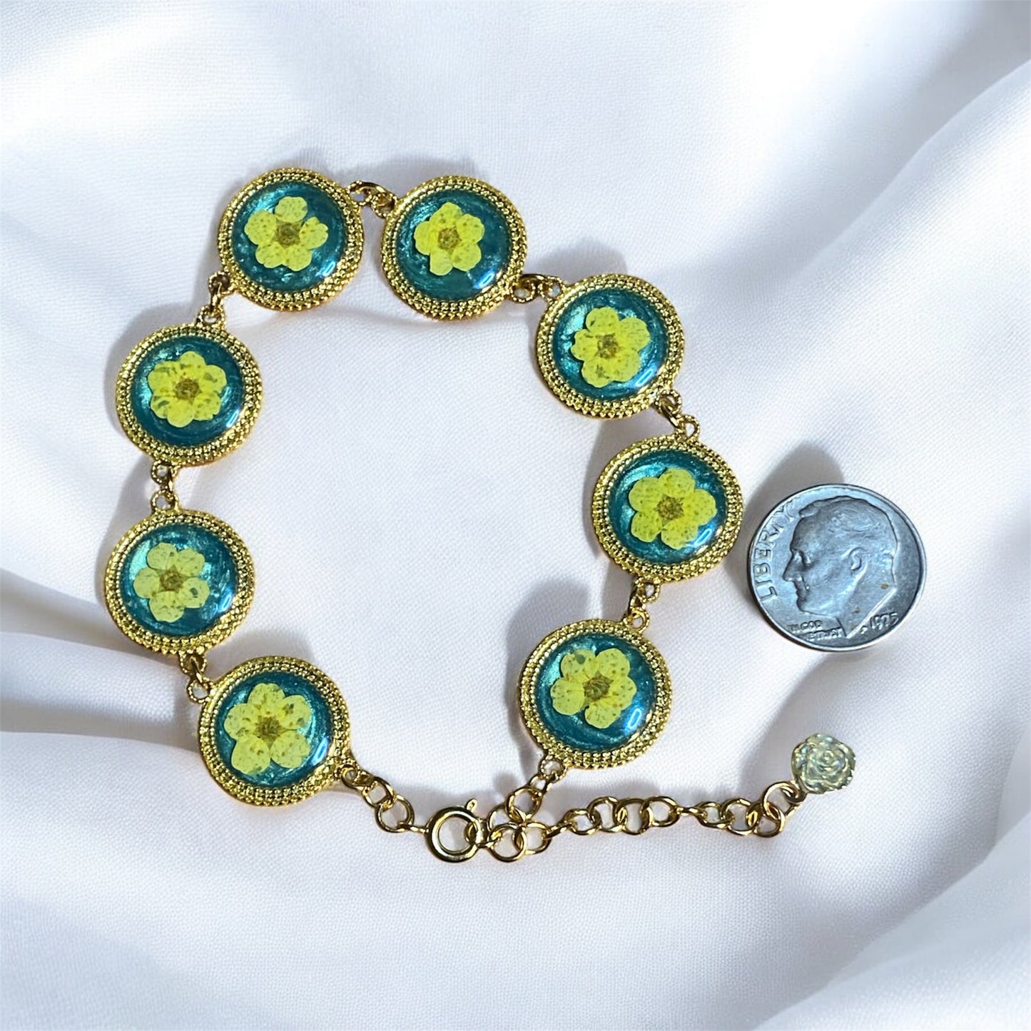 Gold Colored Bracelets with Teal Mica Powder