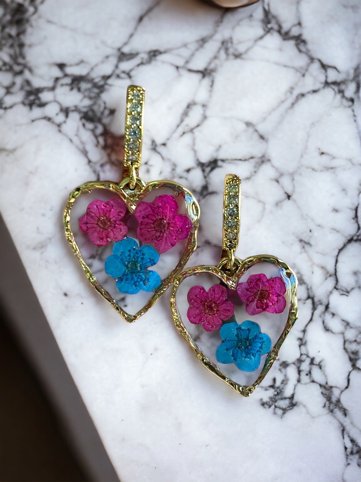 Hot Pink and Blue Plum Blossom Flower Earrings