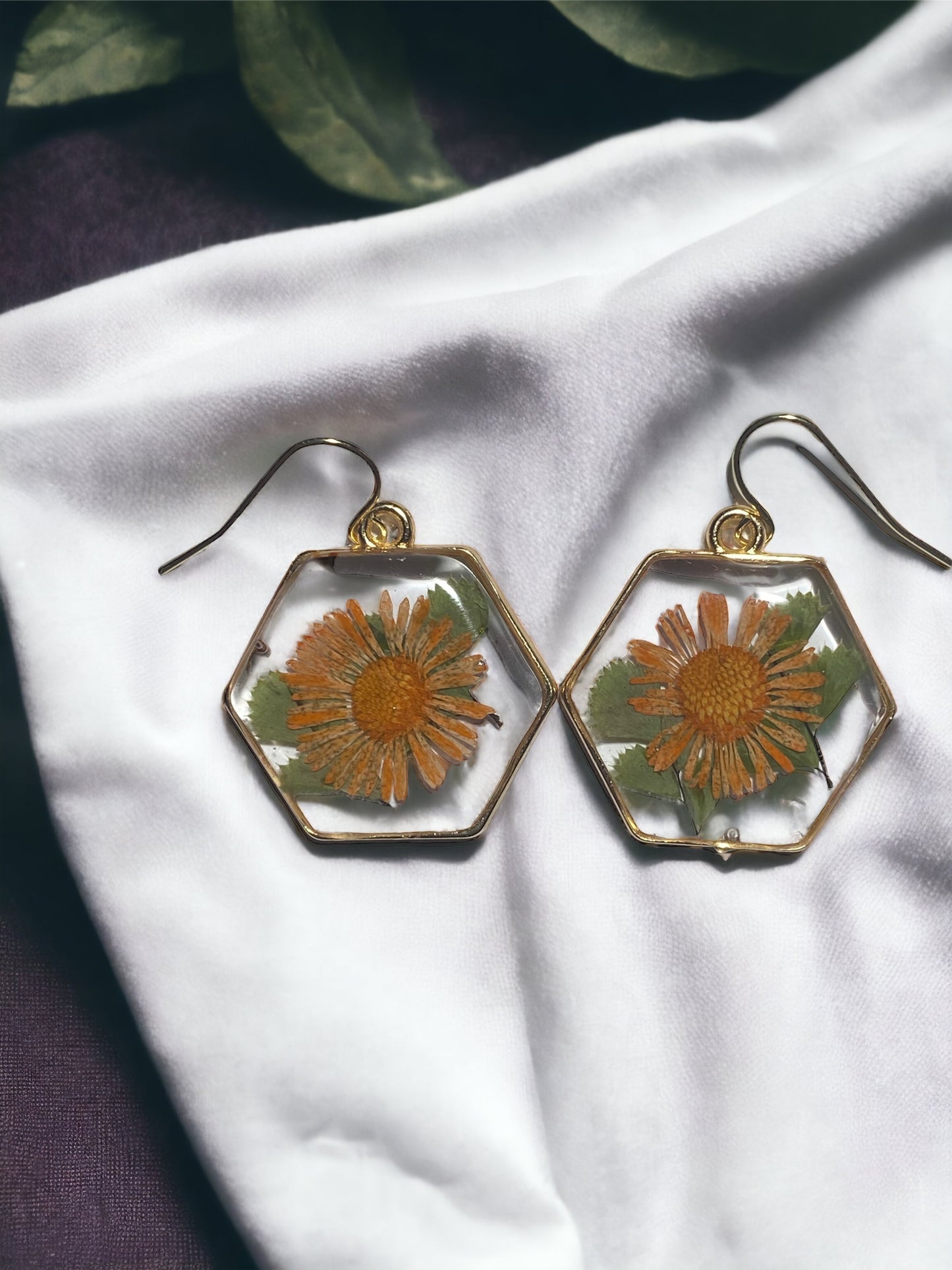 Orange Needle Chrysanthemum with Dry Pressed Leaf Earrings