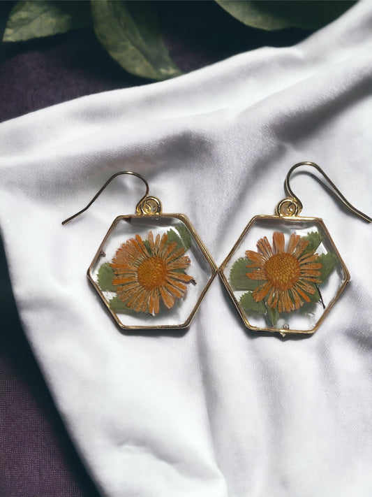 Orange Needle Chrysanthemum with Dry Pressed Leaf Earrings