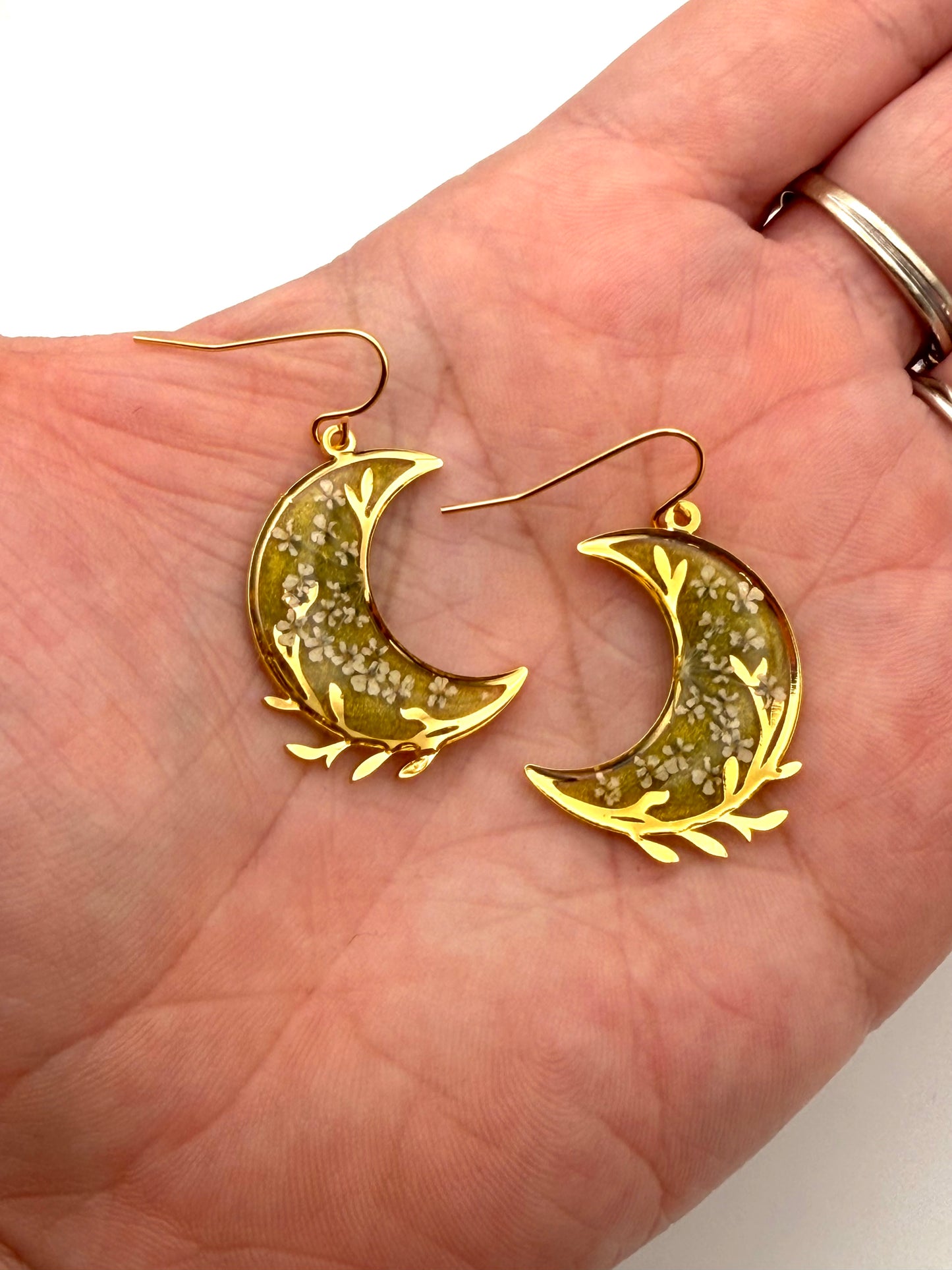 Gold Plated Crescent Moons filled with Green Mica Powder and Queen Anne’s Lace