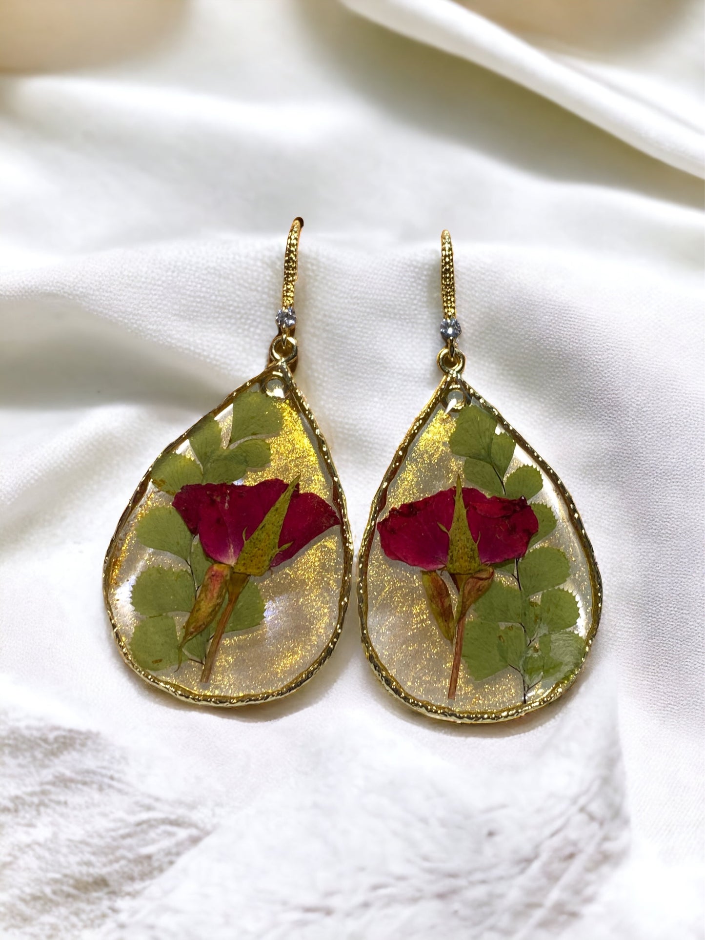 Red Roses with Dry Pressed Leaves and Gold Shimmer Earrings