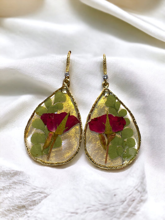 Red Roses with Dry Pressed Leaves and Gold Shimmer Earrings