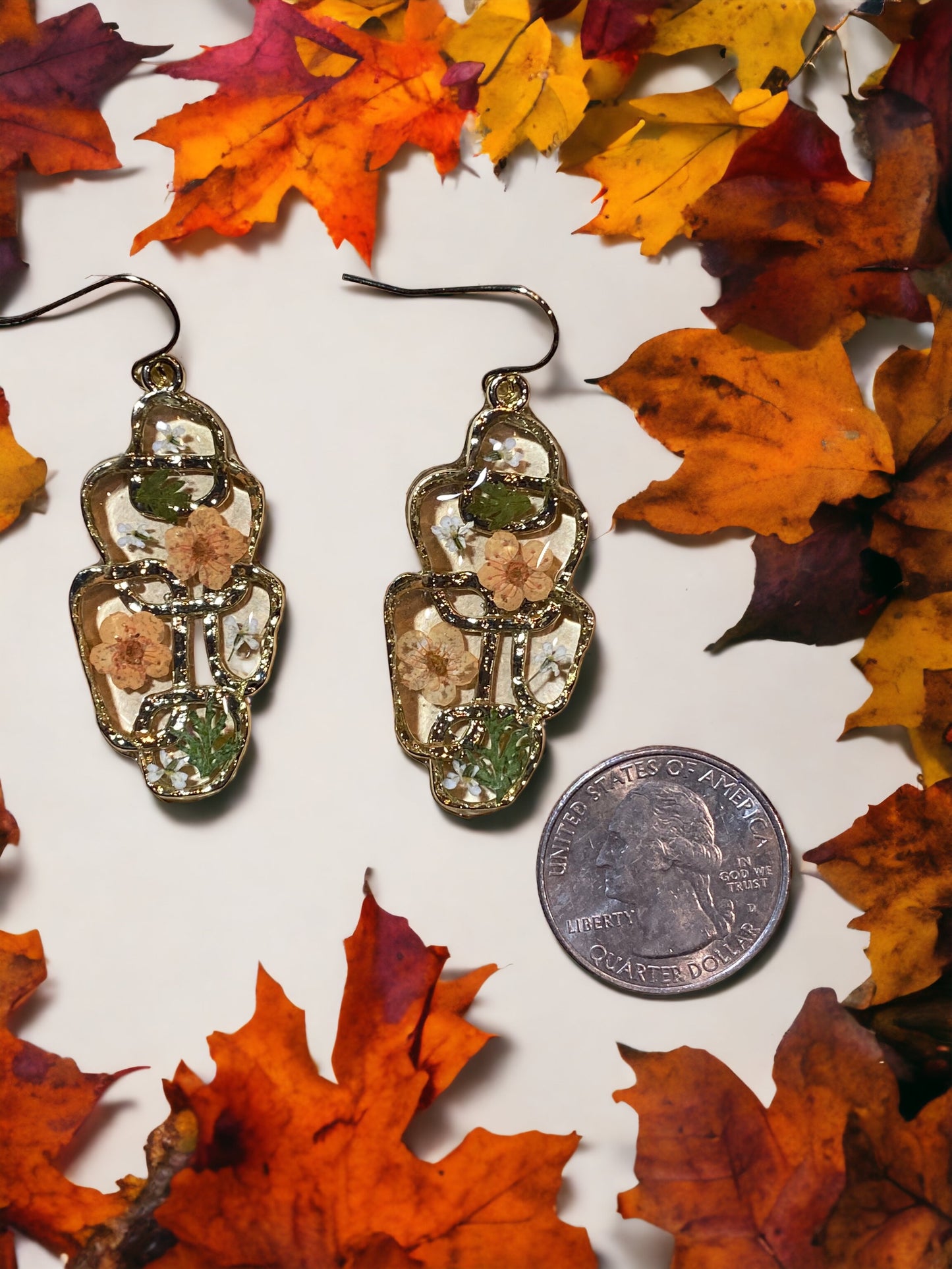 Orange Plum Blossoms with  dried Fern and White Queens Anne’s Lace Earrings