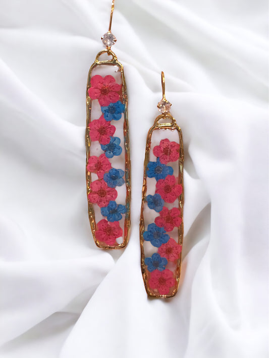 Hot Pink and Blue Plum Blossom Flower Earrings