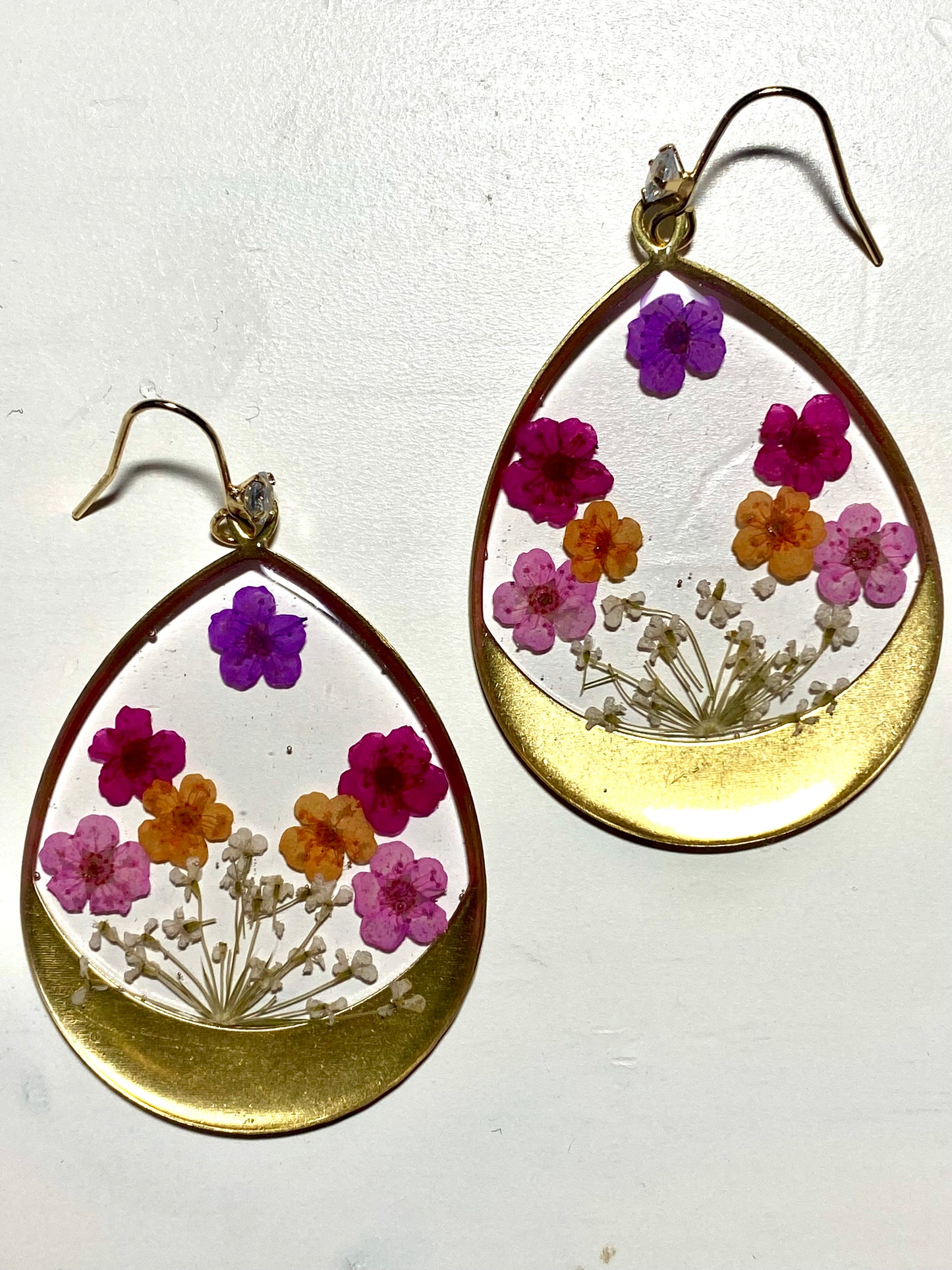 Purple, Orange, Hot and Light Pink Plum Blossom Flowers with Queen Anne’s Lace Earrings