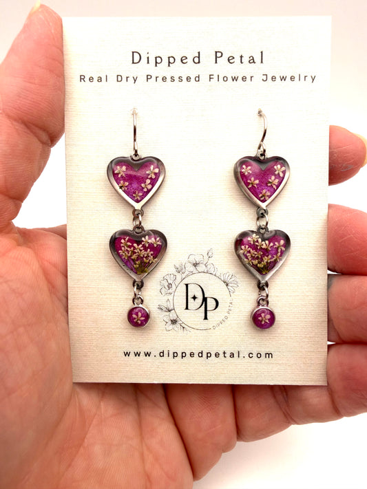 Heart Shaped Stainless Steel Dangle Earrings - Wisteria Purple
