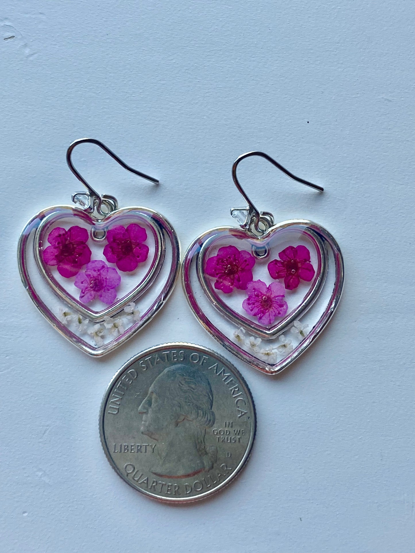 Hot Pink and Light Pink Plum Blossom Flower Heart Earrings