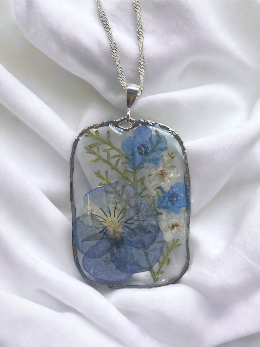 Purple Pansies with Dry Pressed Blue and White Forget-Me-Not’s with Dry Pressed Leaves Necklace