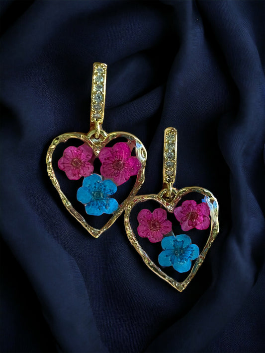 Hot Pink and Blue Plum Blossom Flower Earrings