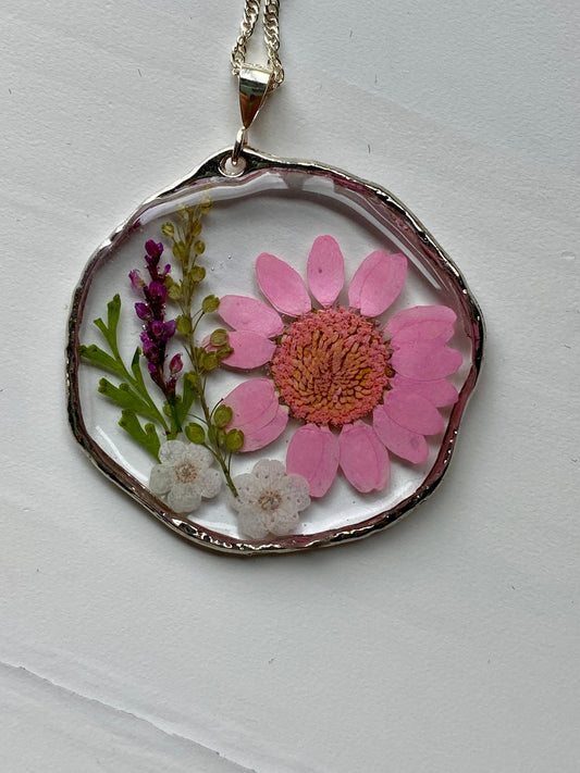 Pink Daisy with White Plum Blossom Flowers and Mixed Greens Necklace