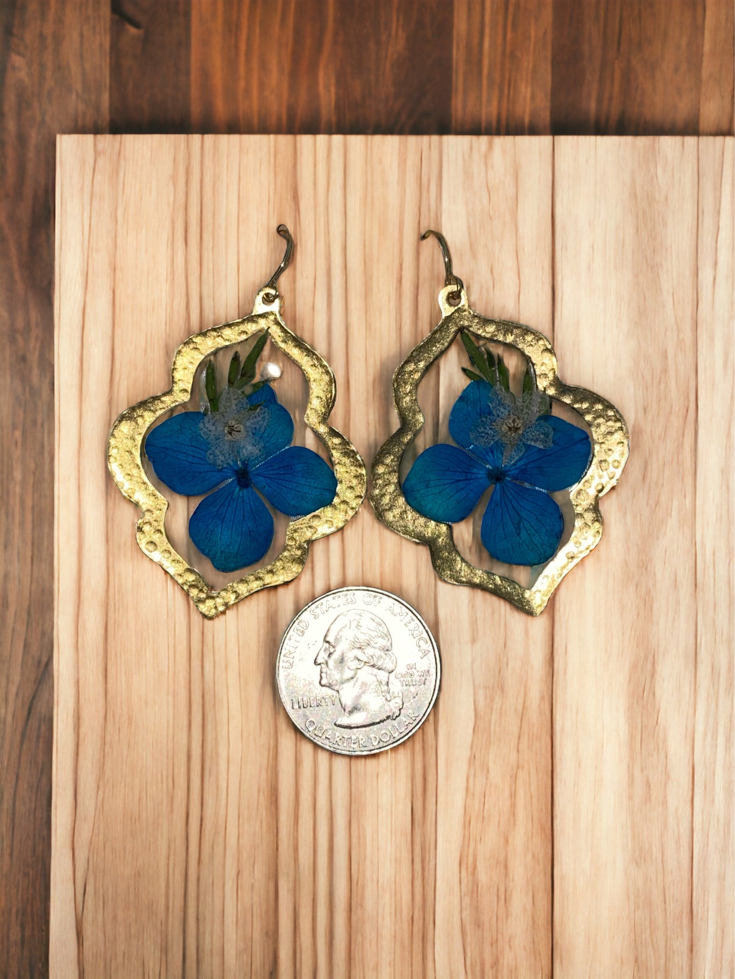 Blue Hydrangeas with Dry Pressed Leaves and White Forget Me-Not’s set in a Brass Bezel
