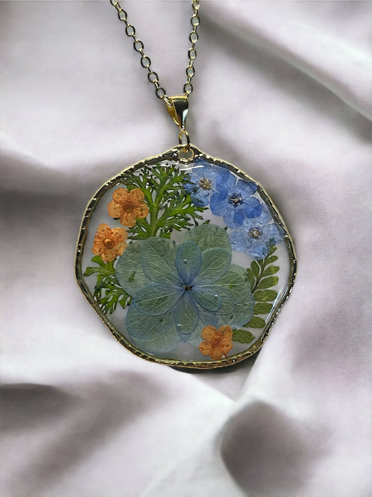Double Petal Green Hydrangea with  Blue Forget-Me-Not’s and Orange Plum Blossom flower Necklace