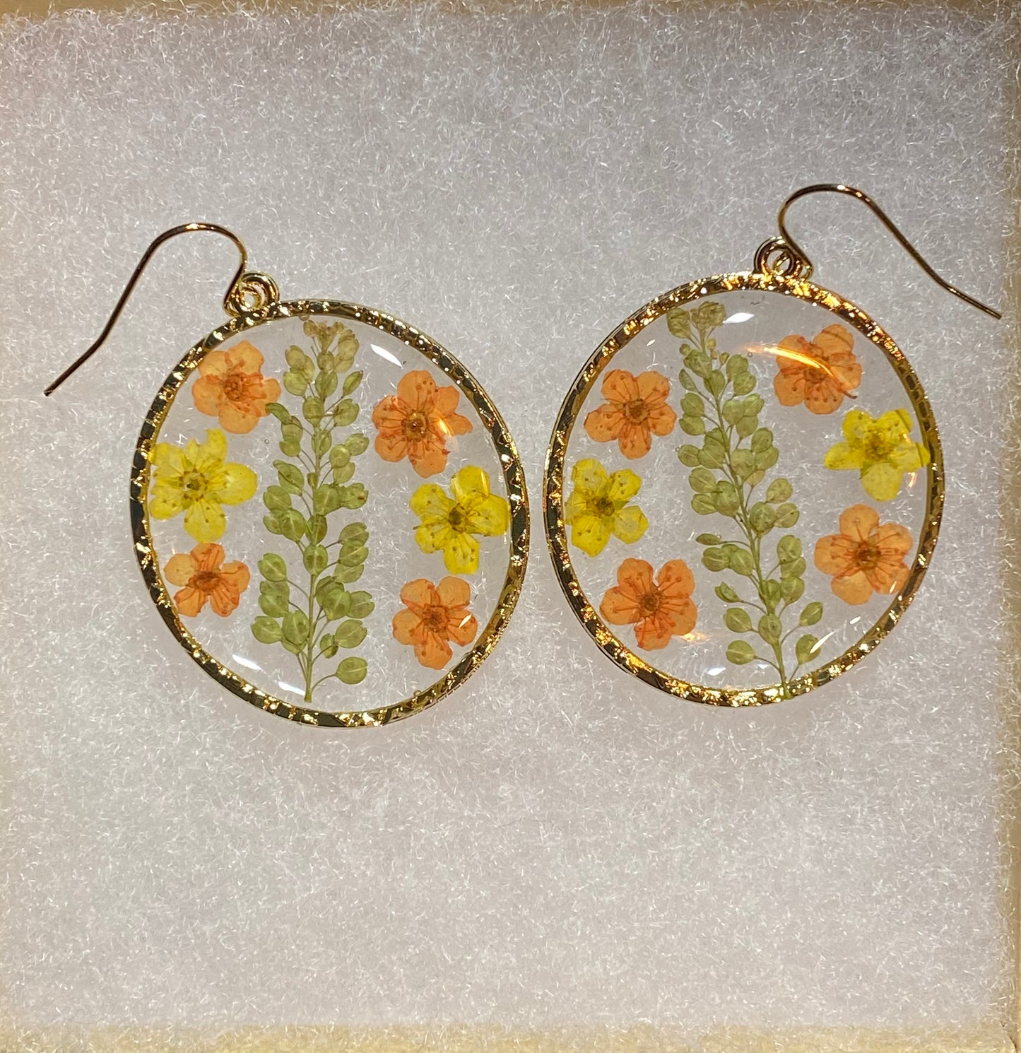 Orange and Yellow Plum Blossom Flowers with Persian Garden Cress Earrings