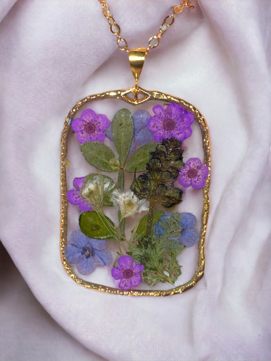 Purple Plum Blossom flowers with Blue Forget-Me-Nots Necklace