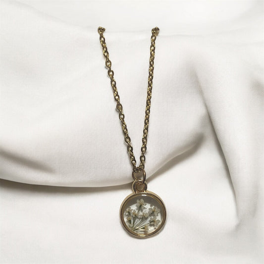Dainty Rose Gold Bezel with Queen Anne’s Lace on a Brass chain