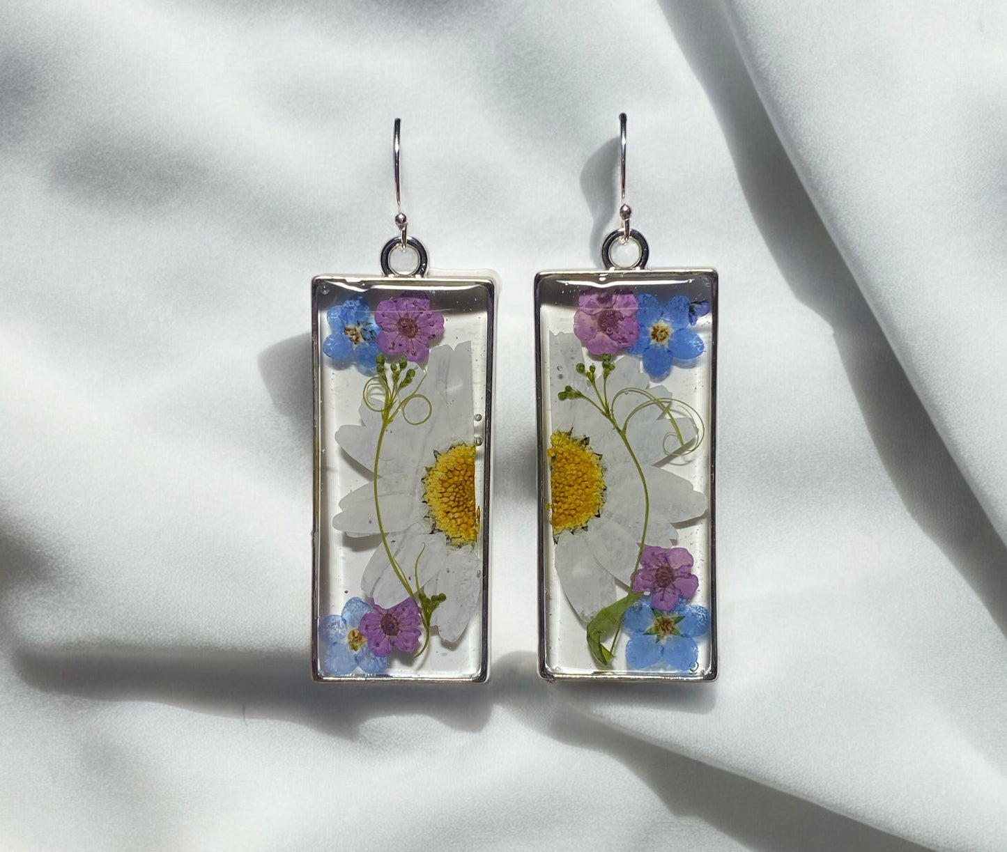 White Daisies, Dry Pressed Leaf, Blue Forget-Me-Not Flowers with Plum Blossoms