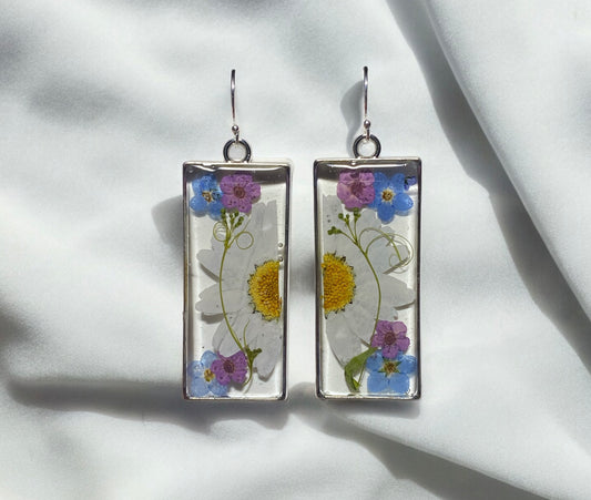 White Daisies, Dry Pressed Leaf, Blue Forget-Me-Not Flowers with Plum Blossoms